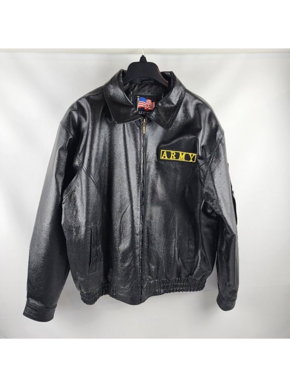 Leather Bomber Jacket Mens 2XL US Army Insignia Patch Black